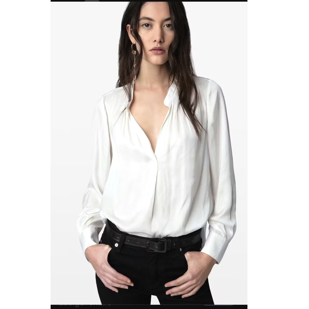 Zadig & Voltaire Womens Large Tink Satin Perm Blouse White V-Neck